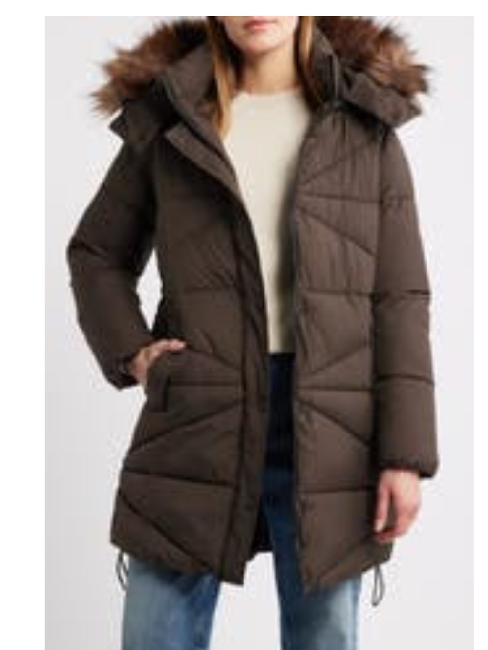 Sam Eldeman Long Cafe Noir Puffer Coat with Faux-Fur Trimmed Hood